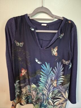 Anthropologie Navy Blue Botanical & Butterfly Print Long Sleeve Top